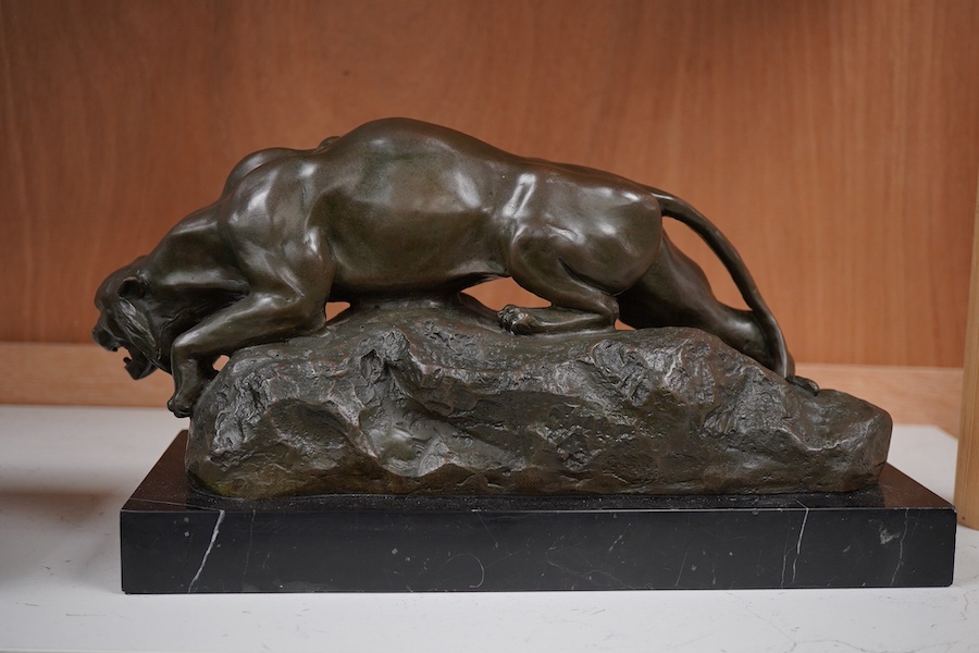 After Giacomo Merculiano, an Art Deco style patinated bronze of a panther, signed, length 30cm